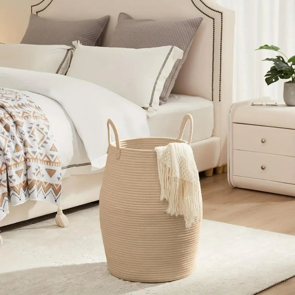 Durable fabric laundry basket with portable handles for multi room household storage