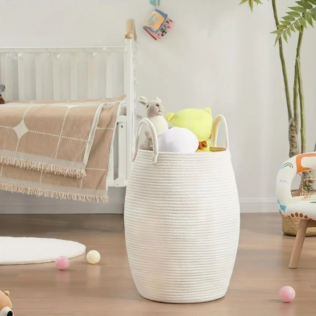 Tall woven laundry hamper with extended handles and collapsible space saving design