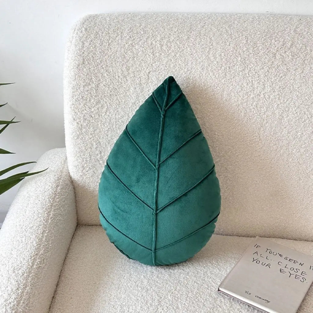 Soft leaf shaped pillow with raised botanical vein pattern decorative green home decor accent