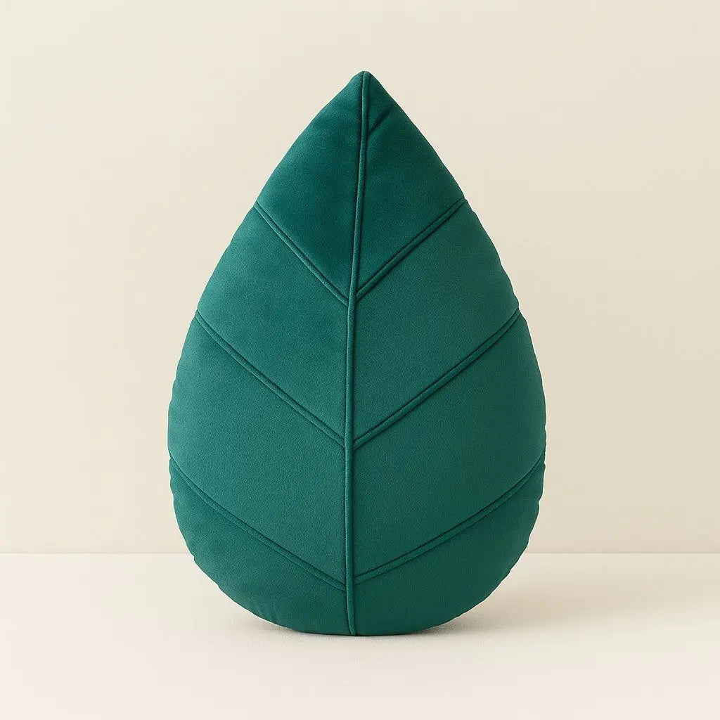 Green leaf shaped decorative throw pillow with raised vein details for sofa and bedroom decor
