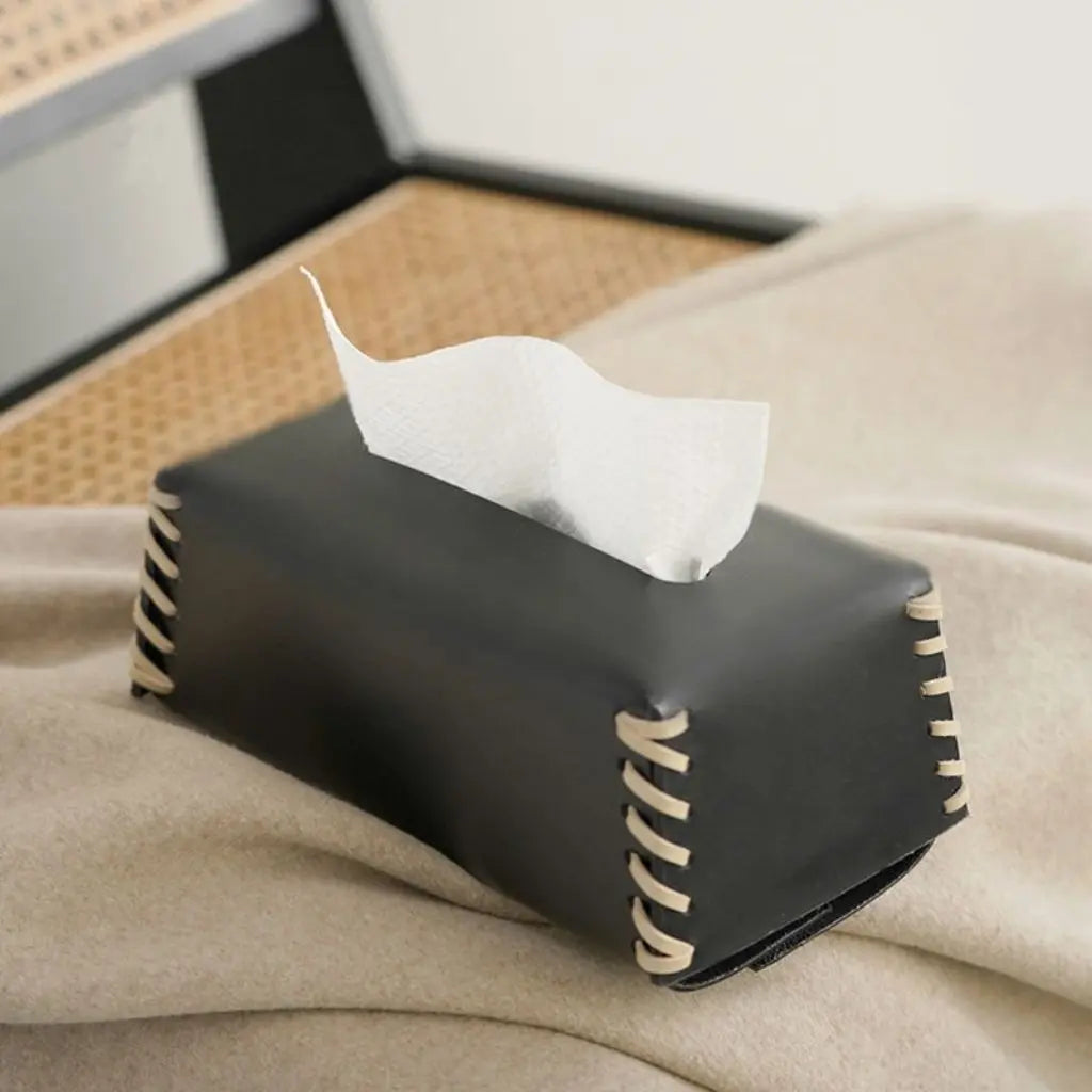 Premium desk tissue holder made from quality leather with elegant hand-stitched side accents