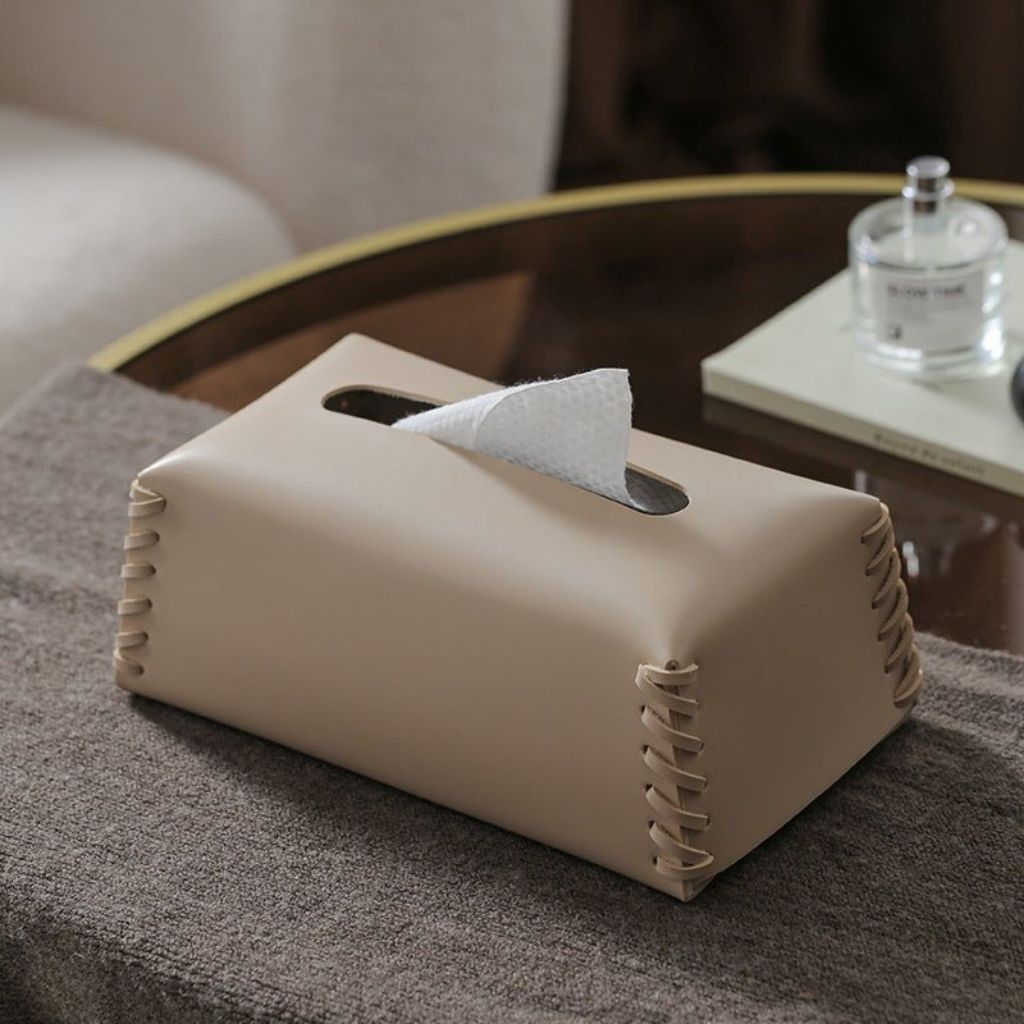 Premium leather tissue box cover showcasing quality construction for lasting desk accessory appeal