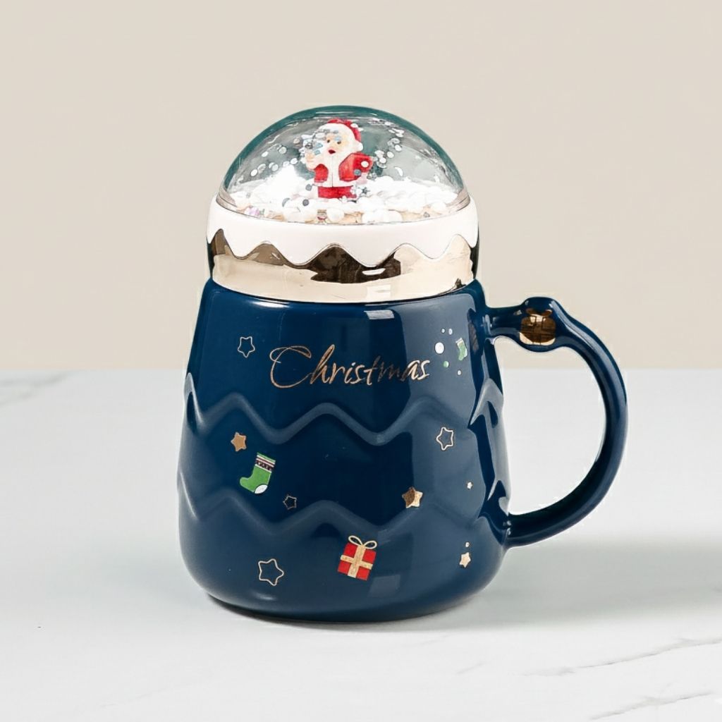 Christmas ceramic mug with snow globe lid and festive graphics