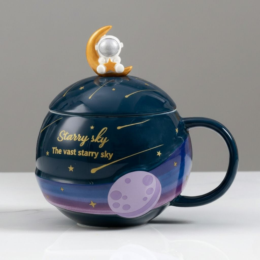 Ceramic mug with lid and astronaut figure featuring starry night sky design