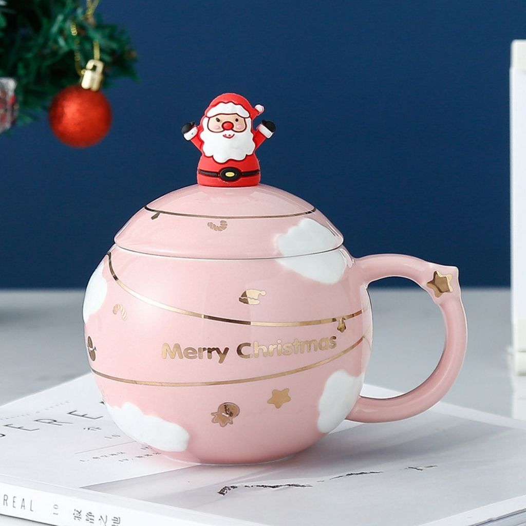 Ceramic mug lid with small astronaut figure topper and starry design