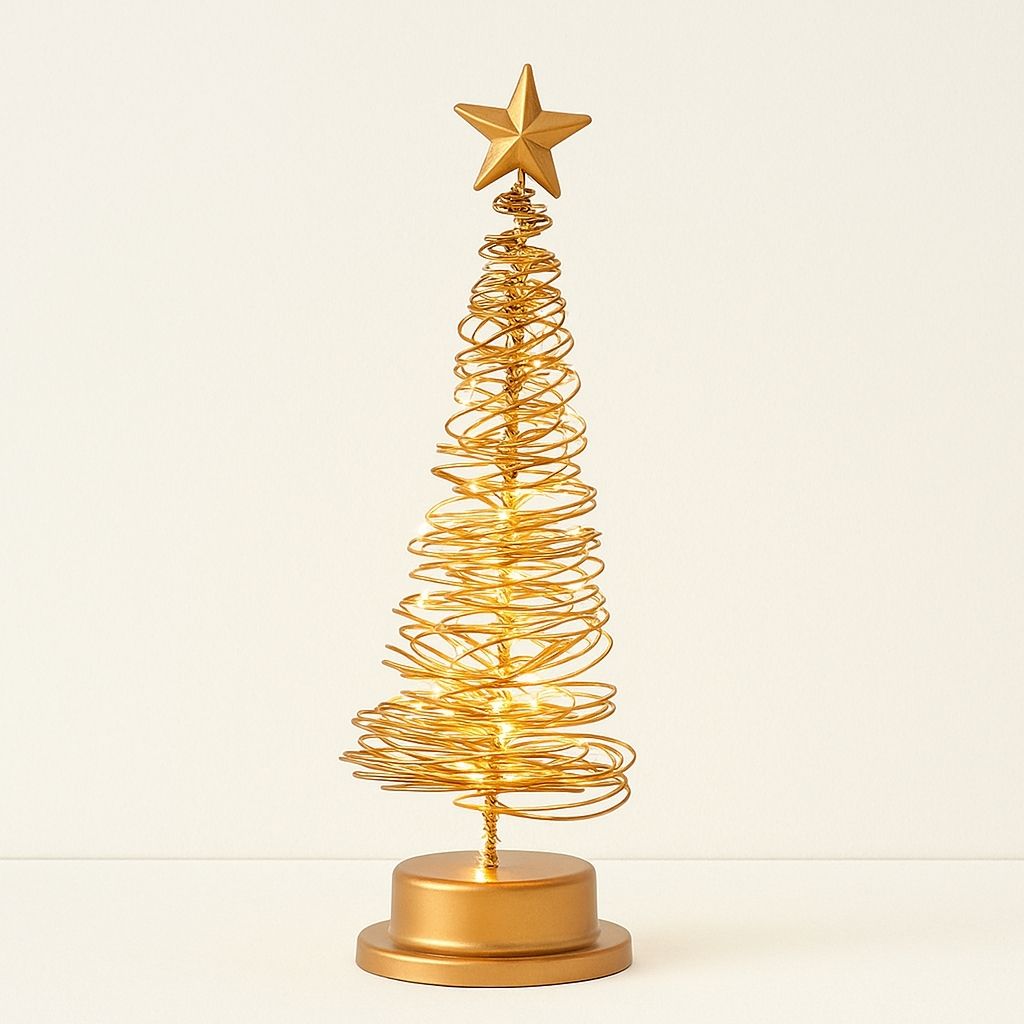 Gold wire Christmas tree with a star on top against a beige background