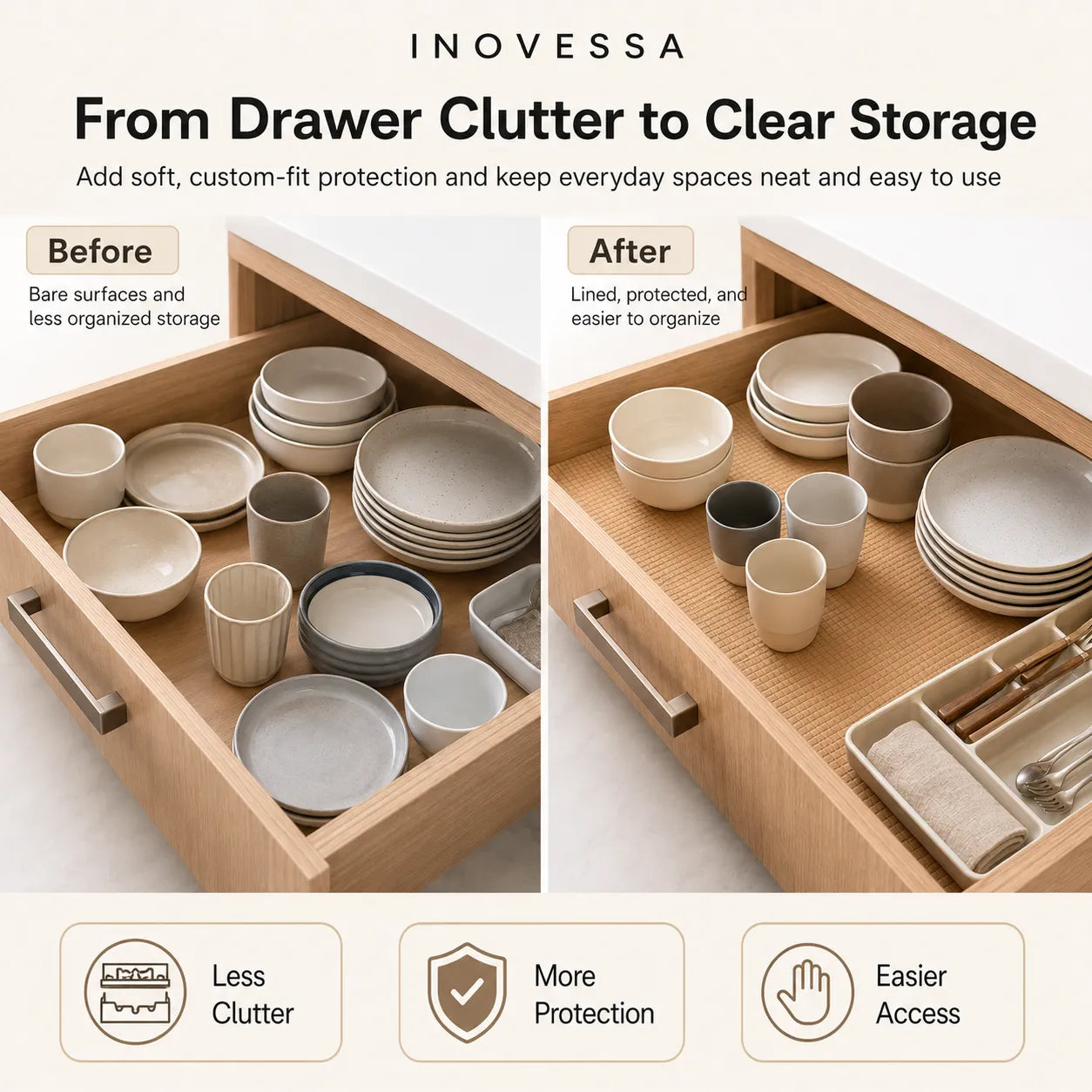 Inovessa drawer organization comparison showing a wooden drawer with dishes in both 'Before' and 'After' states. The left 'Before' section shows bare surfaces and cluttered storage, while the right 'After' section shows the same drawer lined and organized with matching beige ceramic dishes and utensils.