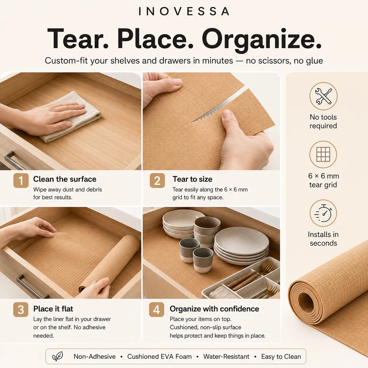An instructional graphic for Inovessa tear-and-place shelf and drawer liners, showing four numbered steps with hands demonstrating the process alongside product benefits and a roll of tan non-adhesive cushioned liner material.
