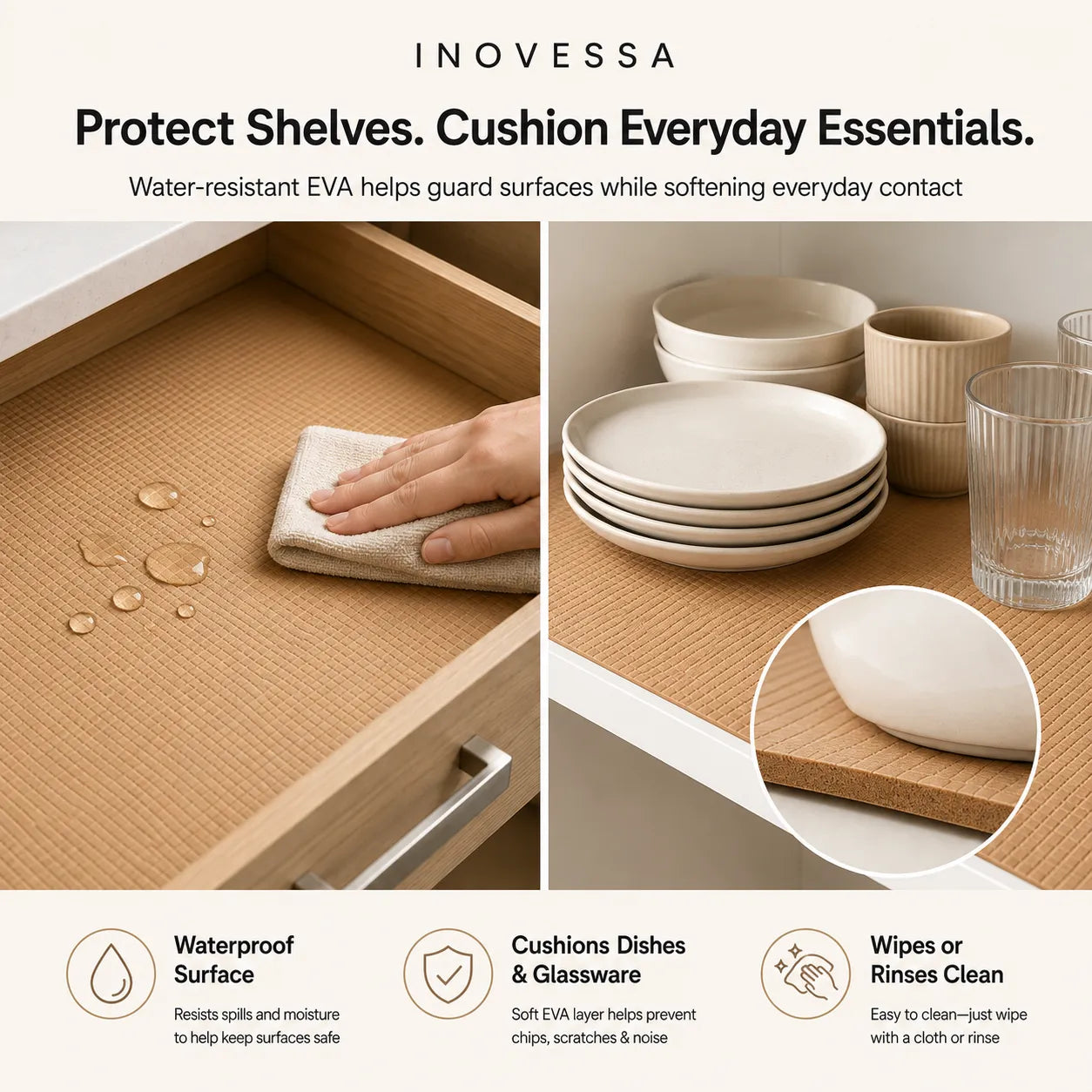 Inovessa water-resistant EVA shelf protector mat shown in a kitchen setting, protecting a wooden drawer interior and a stack of ceramic plates. The image includes text overlays highlighting its waterproof surface, cushioning for dishes, and ease of cleaning.