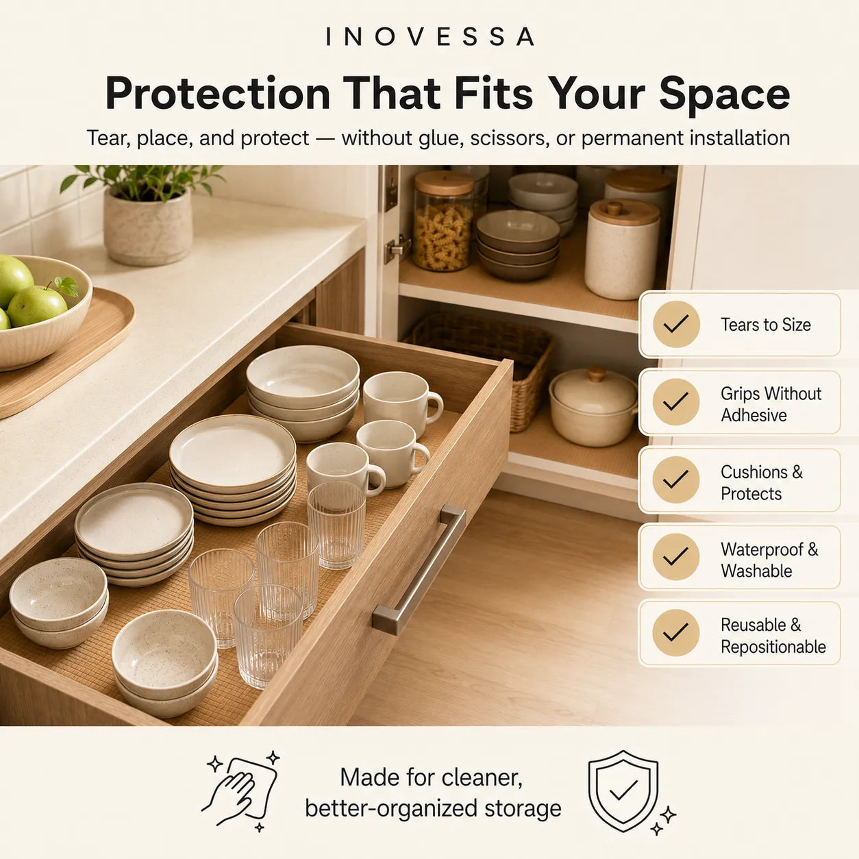 Inovessa protective drawer liner set shown inside an open kitchen drawer with plates, cups, and glassware, with marketing text and feature callouts on a light beige background.
