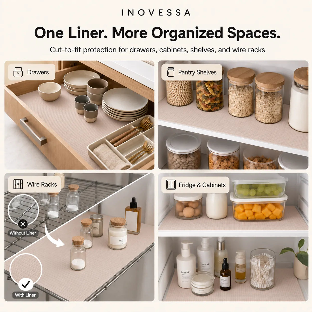 A promotional collage for Inovessa drawer and shelf liners, showing the product installed in a kitchen setting. The image includes four panels: one showing a drawer with plates and utensils, one showing jars on pantry shelves, one showing wire racks with bottles, and one showing a comparison of bottles on a shelf with and without the liner.