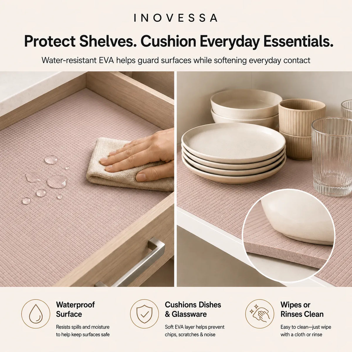 Inovessa water-resistant EVA drawer liner shown in a kitchen drawer, with a hand wiping the surface. The collage includes a stack of beige ceramic plates and bowls, a glass, a close-up of the liner texture, and feature icons for waterproof surface, dish cushioning, and easy cleaning.