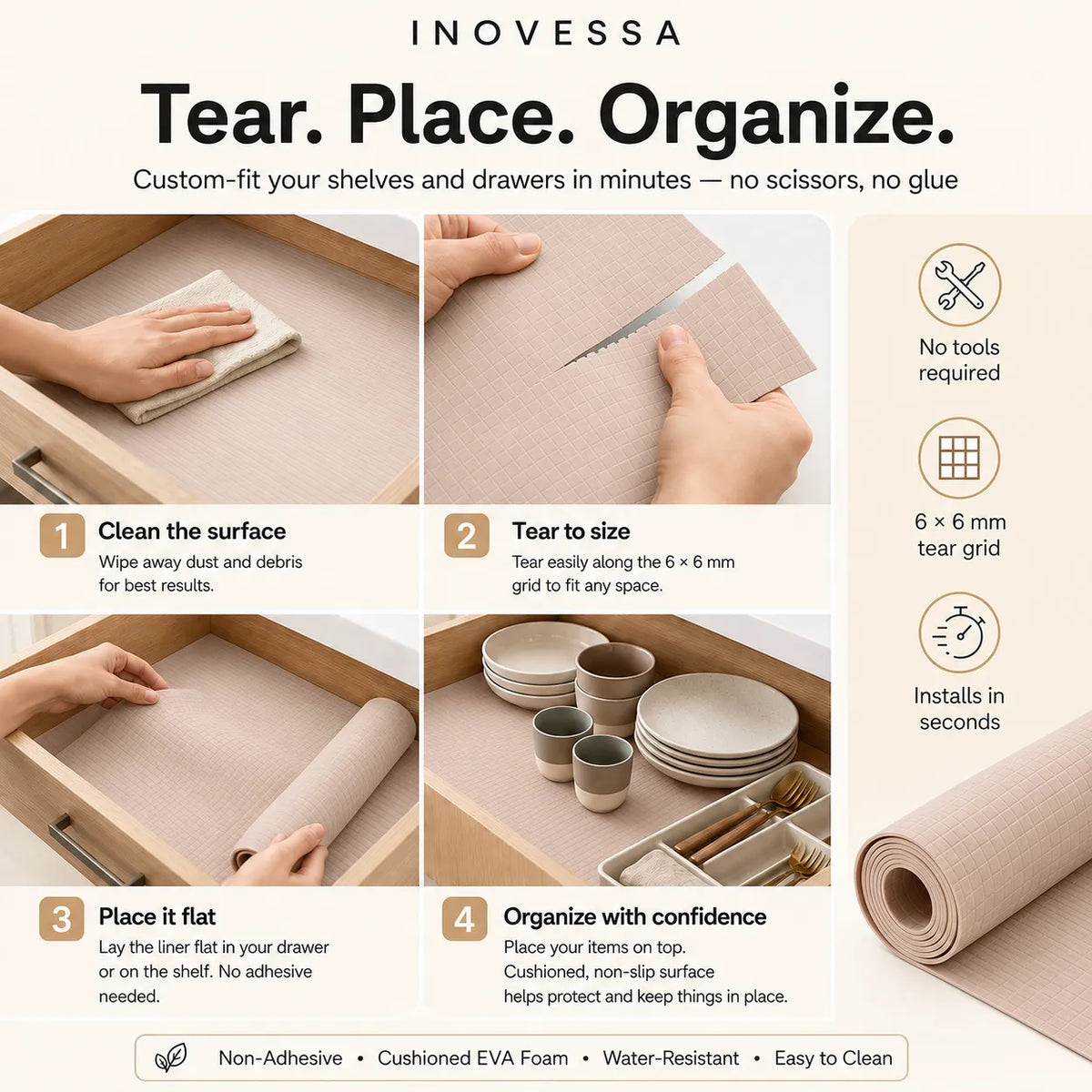 An instructional graphic for Inovessa Tear. Place.