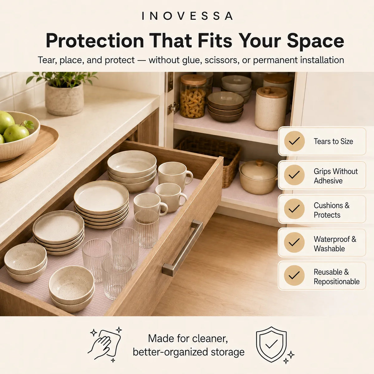 Inovessa protective drawer liner set shown inside an open wooden kitchen drawer alongside dishes, with text highlighting tear-and-place protection, adhesive-free grip, cushioning, washability, and reusability.