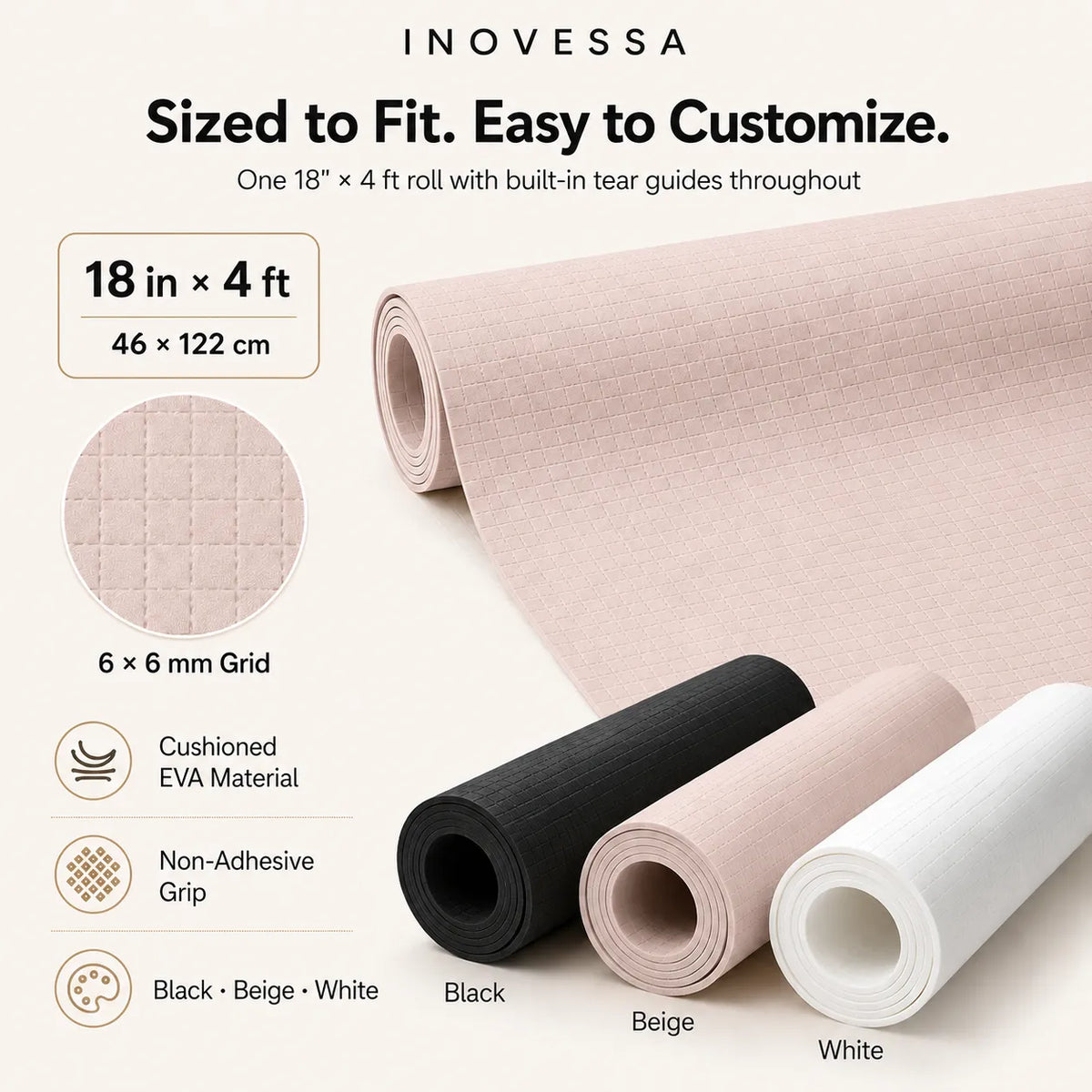Inovessa custom-fit EVA floor mat rolls shown in black, beige, and white, with a large beige roll displayed diagonally and feature callouts including size 18 in x 4 ft, cushioned EVA material, non-adhesive grip, and a 6 x 6 mm grid texture.
