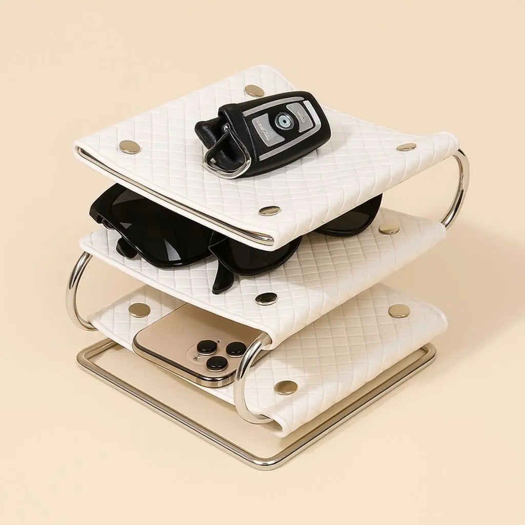 Three tier leather desk organizer curved shelves modern office storage solution