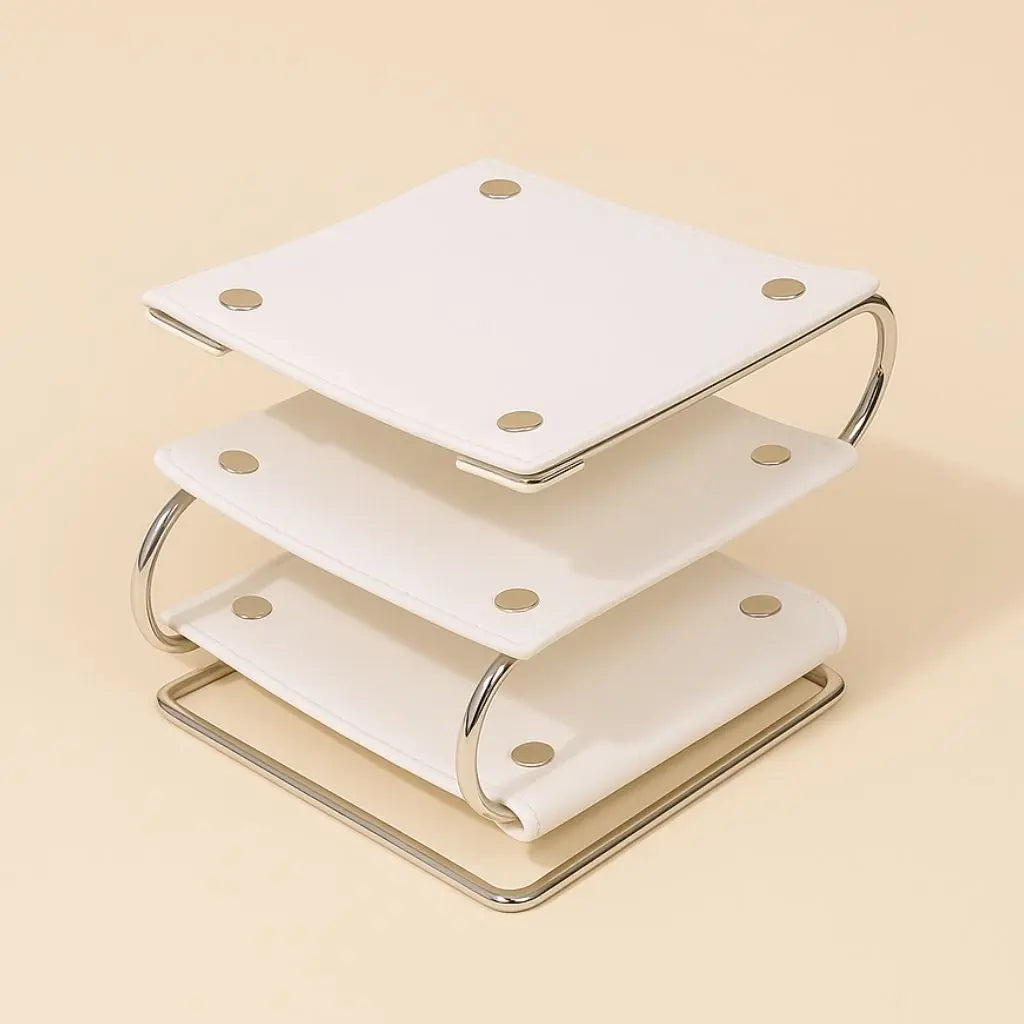 Multi-tier leather desktop organizer with curved shelves for home office storage accessories