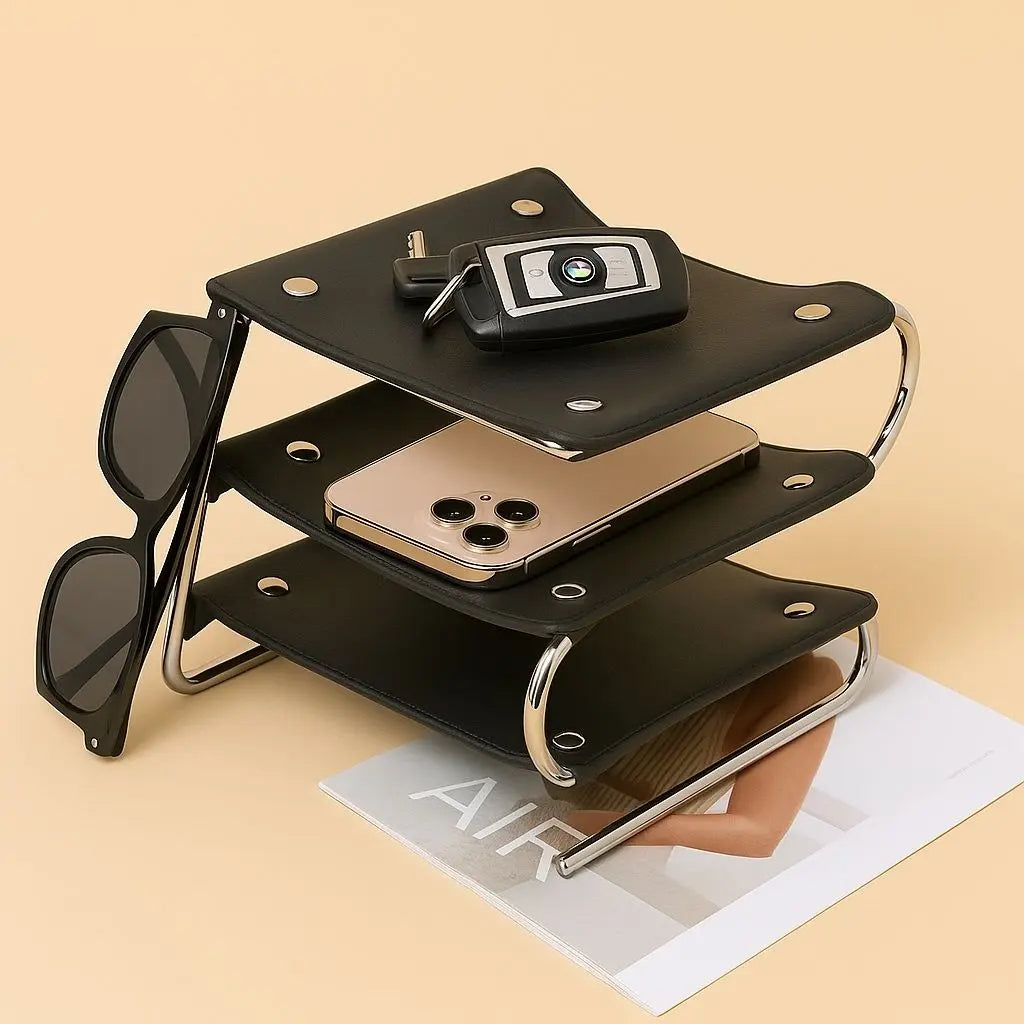 Leather office organizer with metal frame multi-level desktop storage for work essentials