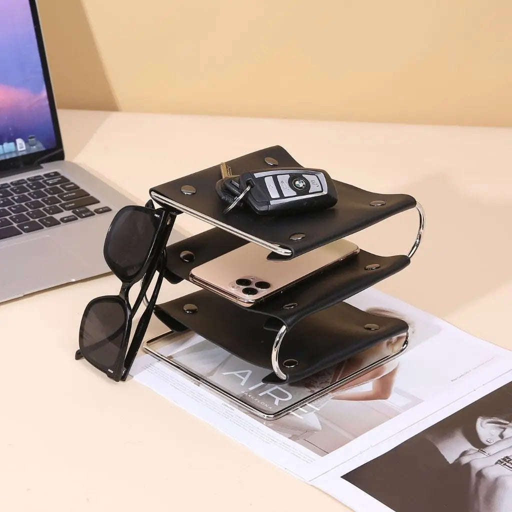 Contemporary leather desk organizer 3-shelf design for home office desktop organization