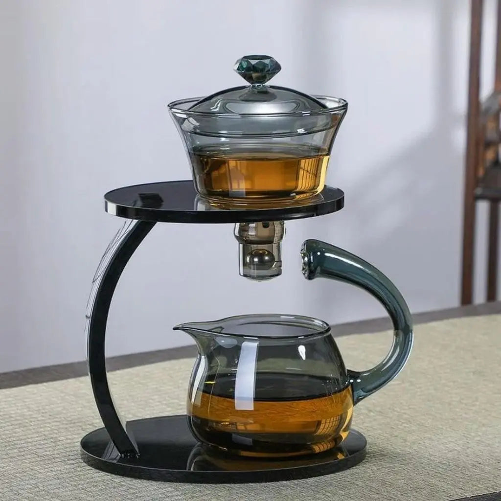 Premium glass tea infuser system with lazy susan design and 6 matching borosilicate glass cups