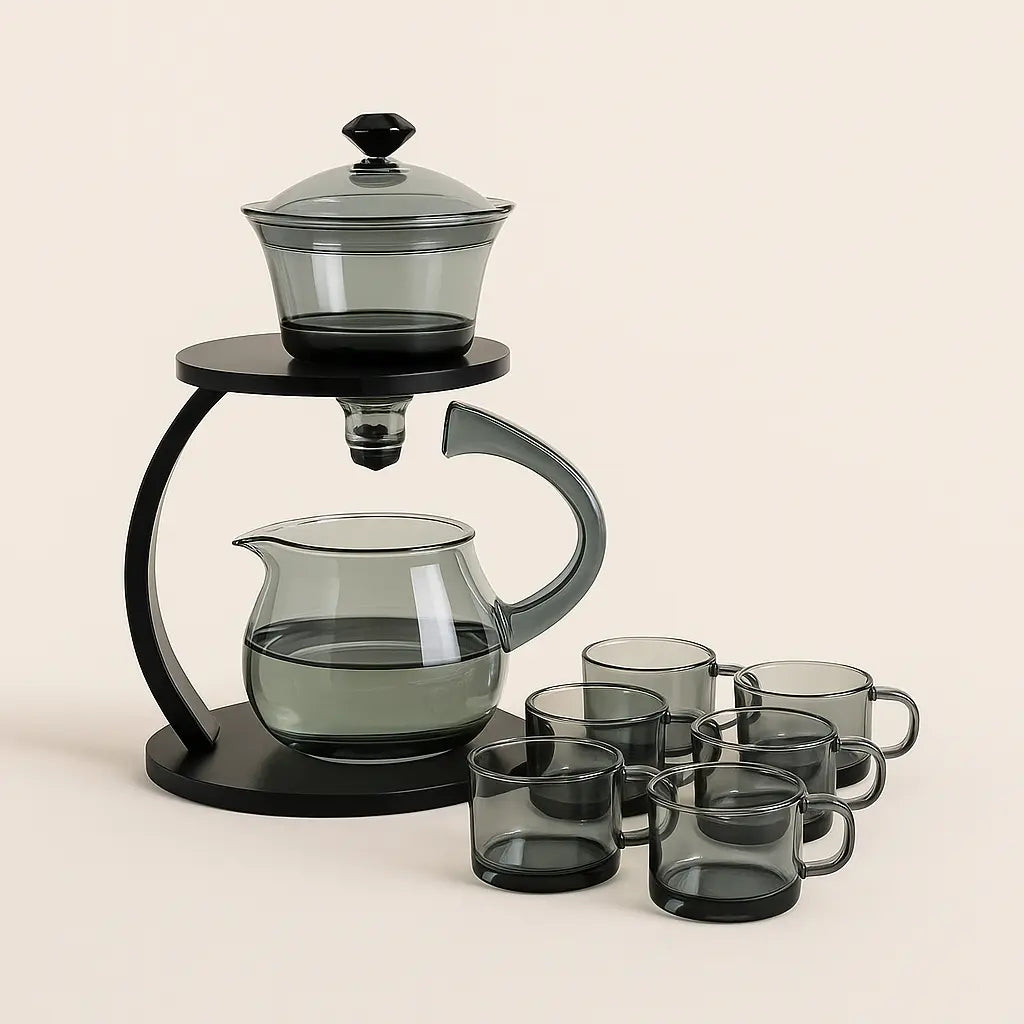 Complete glass tea brewing set featuring 450ml teapot, 250ml infuser, and 6 glass cups with stand
