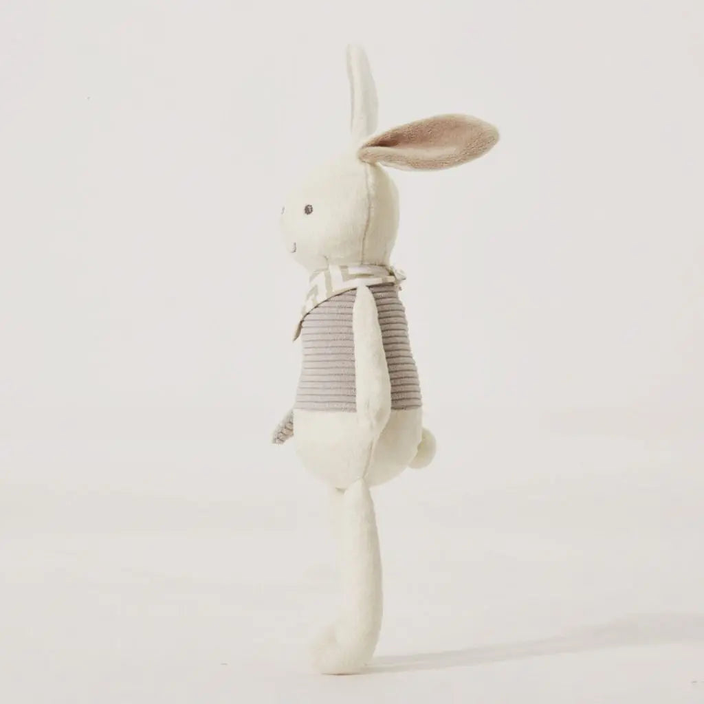 Cuddly bunny plush showing textured fabric design, safe washable toddler comfort toy with stitched features