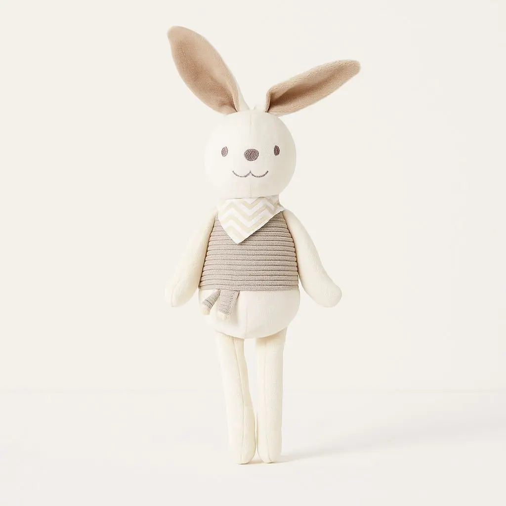 Detail view of plush bunny toy fabric texture and stitched face, safe infant comfort companion 26cm tall