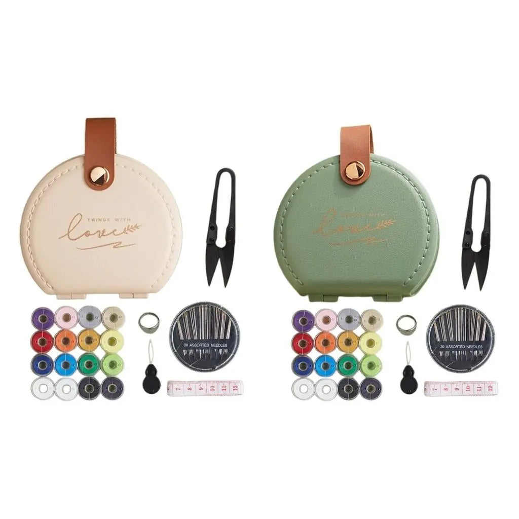 Professional travel sewing kit with organized thread spools, thimble and essential repair tools