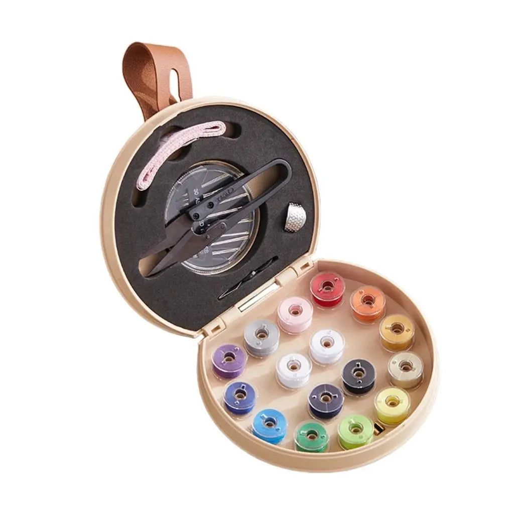 Portable crafting kit with leather case containing complete sewing supplies for quick clothing repairs