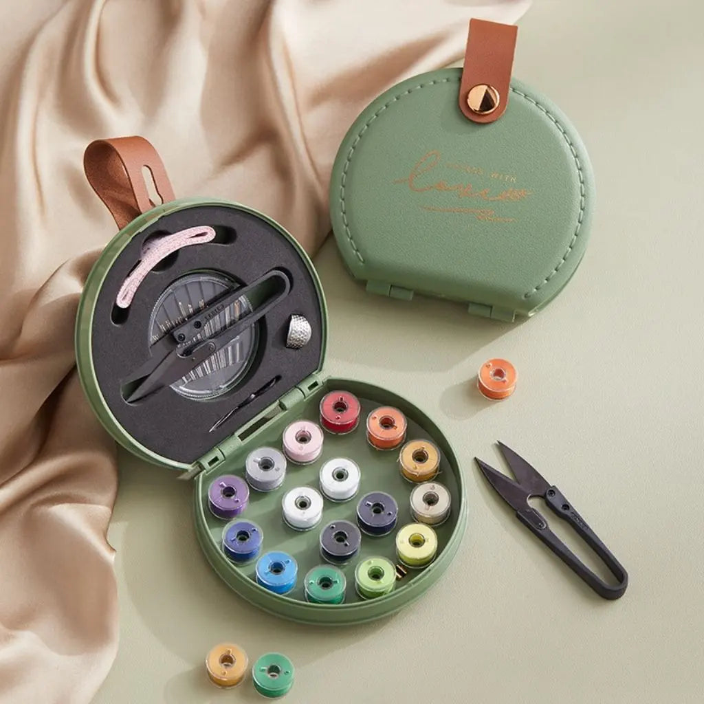 Compact sewing accessories set in round travel case perfect for dorm rooms and emergency repairs
