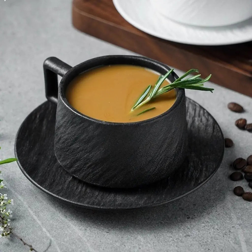 Modern stoneware coffee mug showcasing detailed rock texture, elegant ceramic drinkware for home brewing