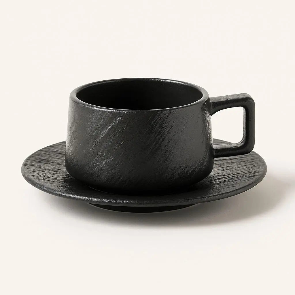 Textured ceramic coffee set featuring cup and saucer, artisan-crafted stoneware with natural stone finish
