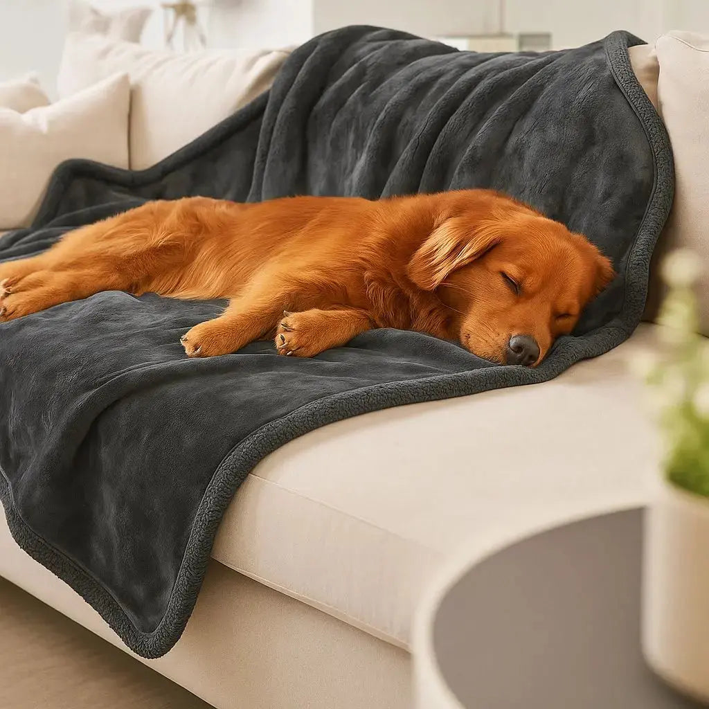 Waterproof blanket for dogs lying on beige couch