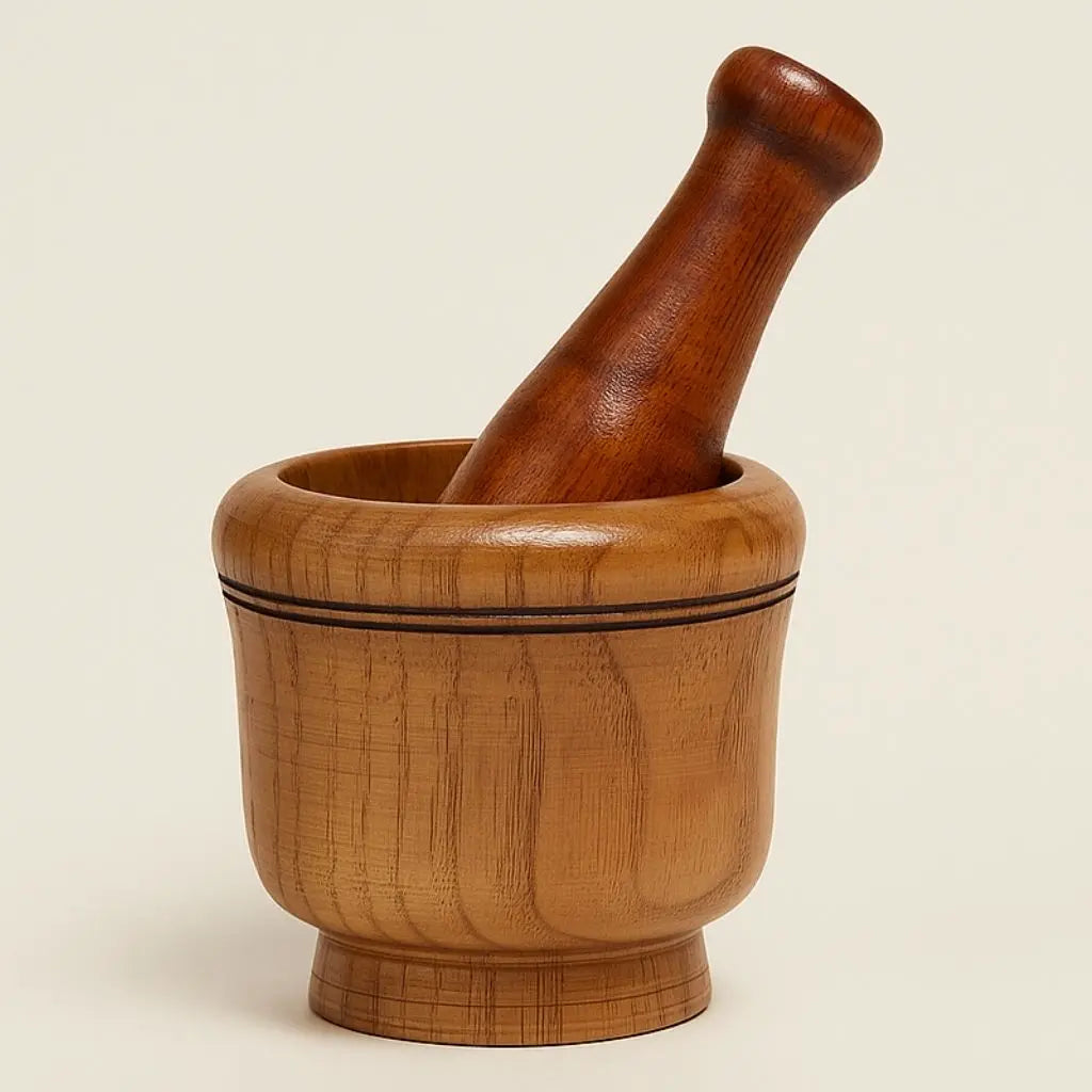 Handcrafted wood mortar set ideal for garlic preparation and grinding kitchen herbs and spices