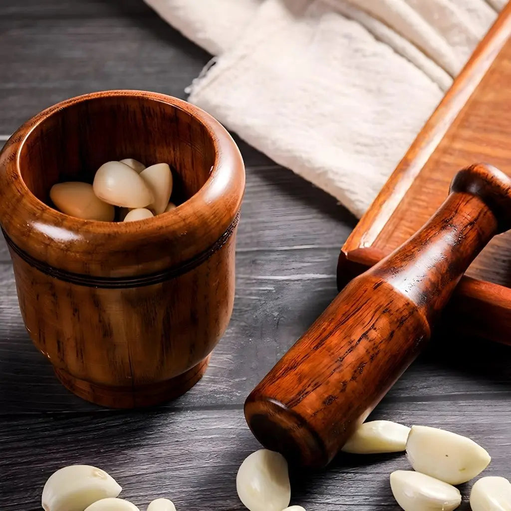 Handcrafted wood mortar set ideal for garlic preparation and grinding kitchen herbs and spices