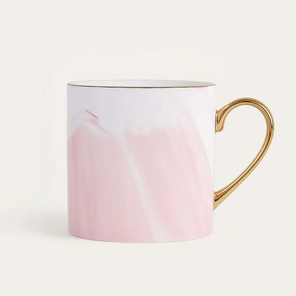Ceramic coffee mug with marble finish and gold tone handle for everyday beverage enjoyment
