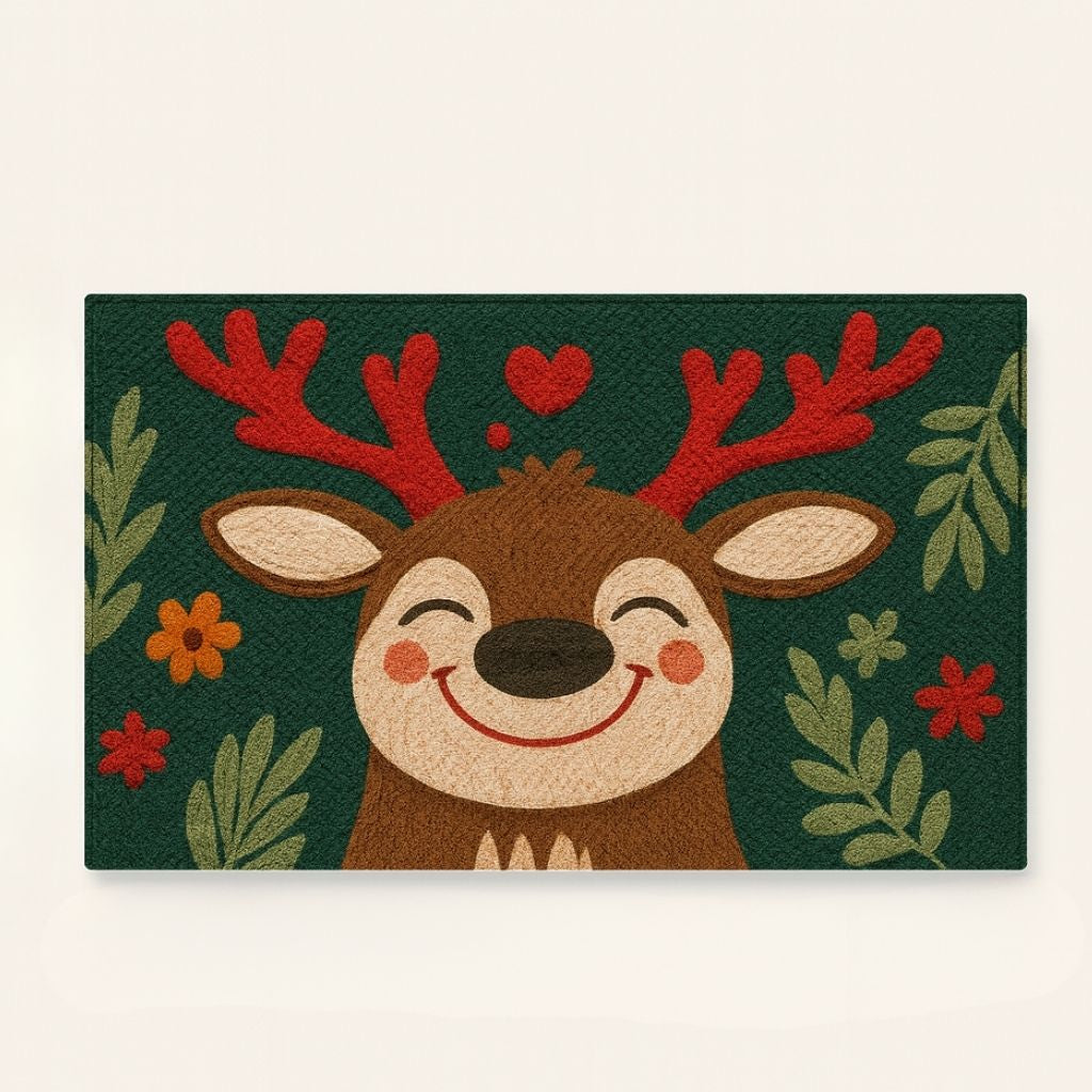 Christmas reindeer floor mat with cartoon design on crystal velvet surface
