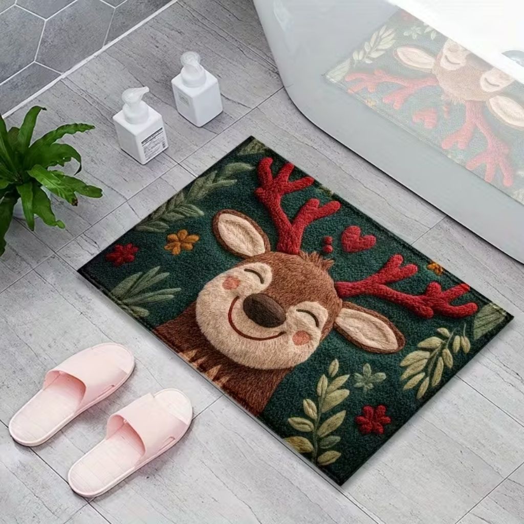 Polyester fiber doormat featuring festive reindeer pattern in red and white