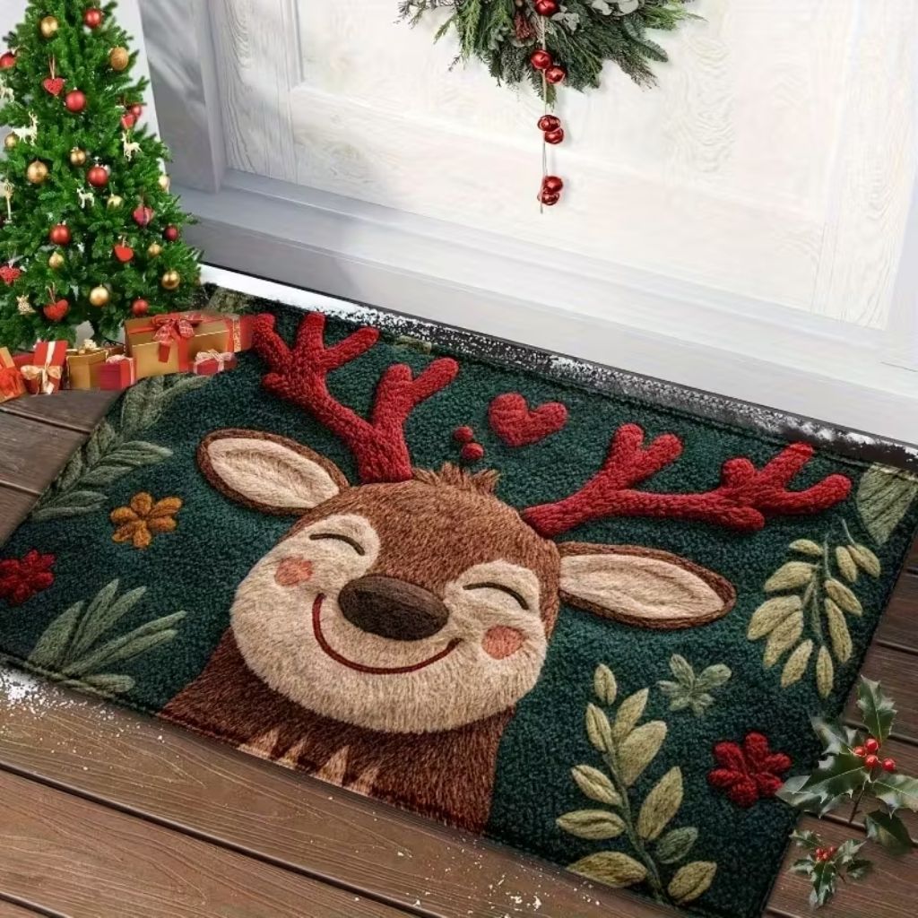 Soft crystal velvet entryway mat with Christmas cartoon character print