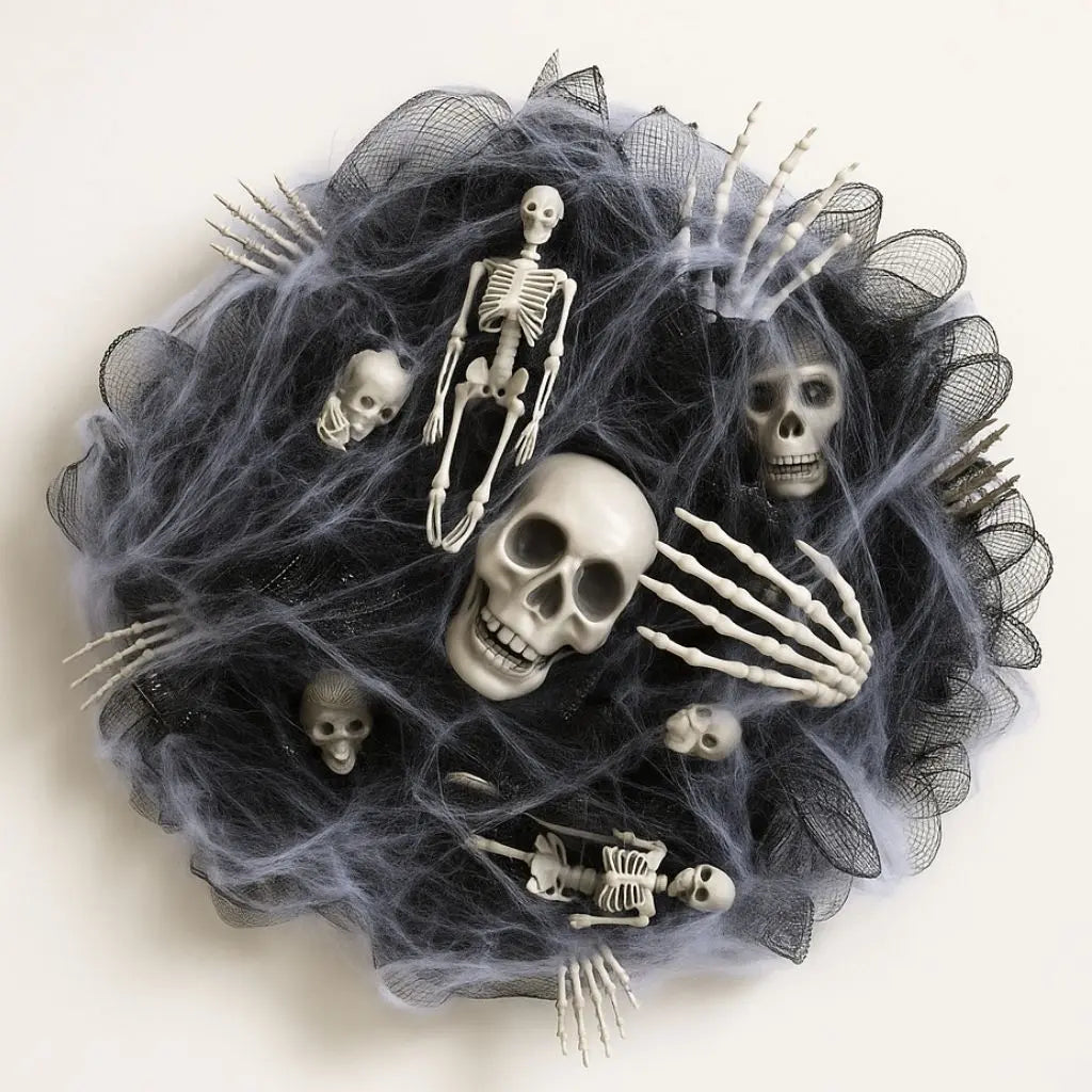 Skull garland halloween mesh decoration with realistic bones and skeleton details for haunted wall displays