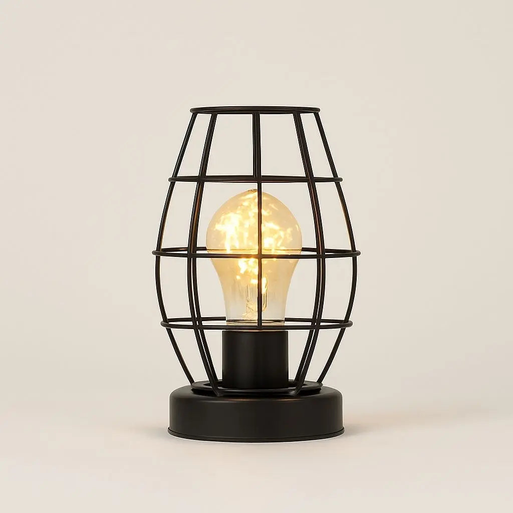 Metal cage LED table lamp with wire frame design, perfect for modern industrial home decor and ambient lighting