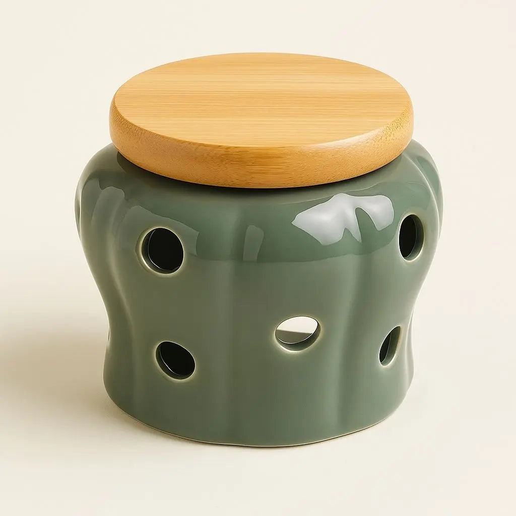 Ventilated ceramic spice jars designed for optimal garlic and herb storage with bamboo lid accents