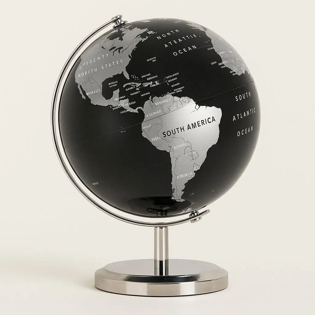 Premium world globe decor with sleek metal frame, sophisticated desktop accessory for home office
