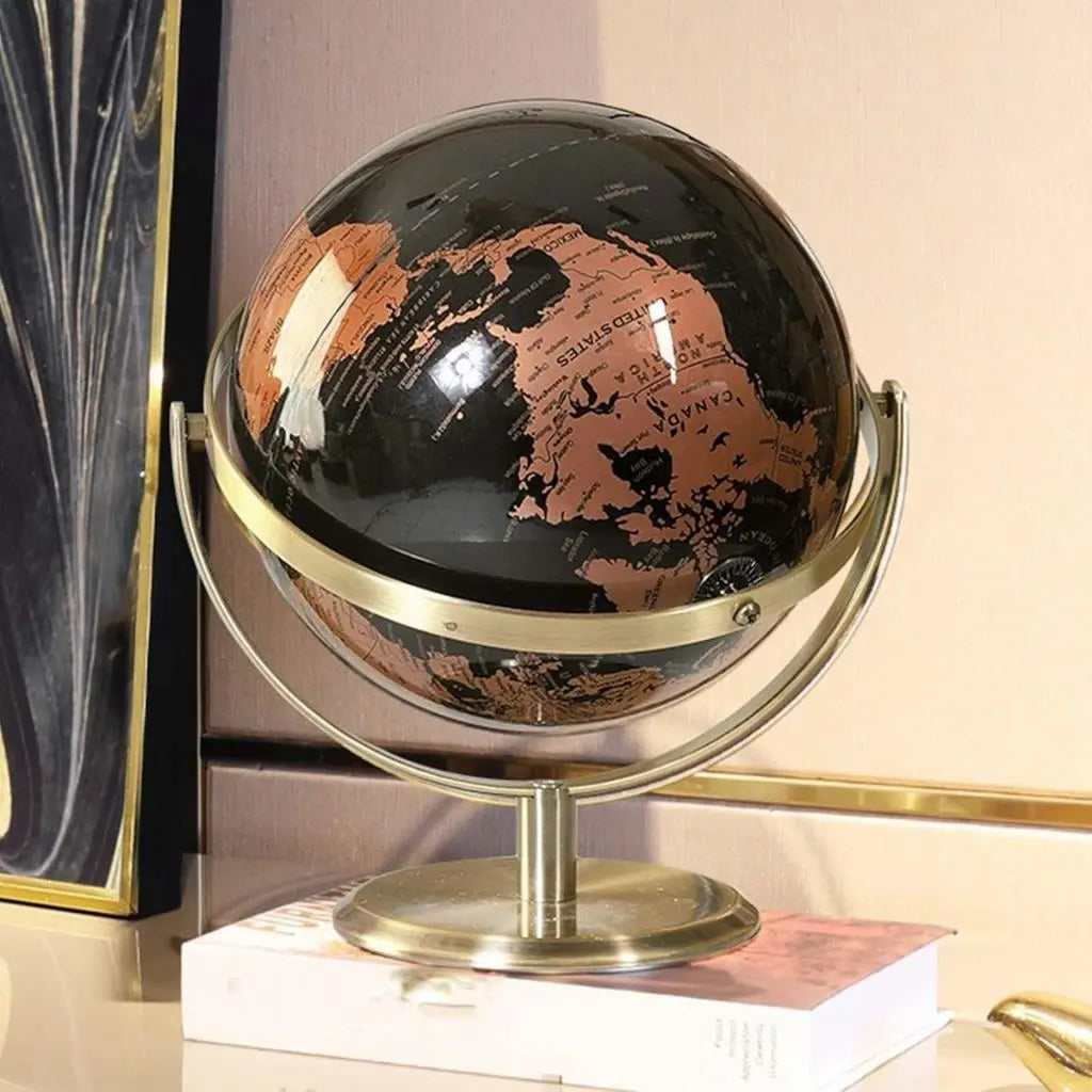 Educational office globe featuring black world map with clear English labeling and modern styling