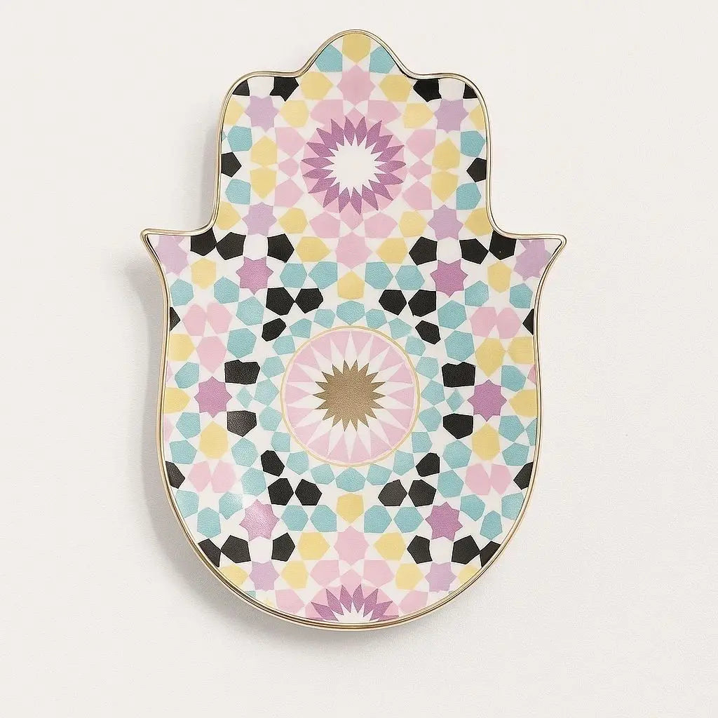 Ceramic hamsa jewelry tray with evil eye mosaic design perfect for organizing rings and trinkets in boho style