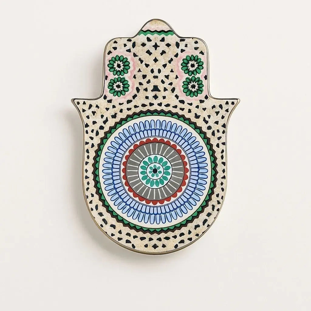 Decorative hamsa ceramic dish featuring multicolor geometric patterns ideal for vanity jewelry organization