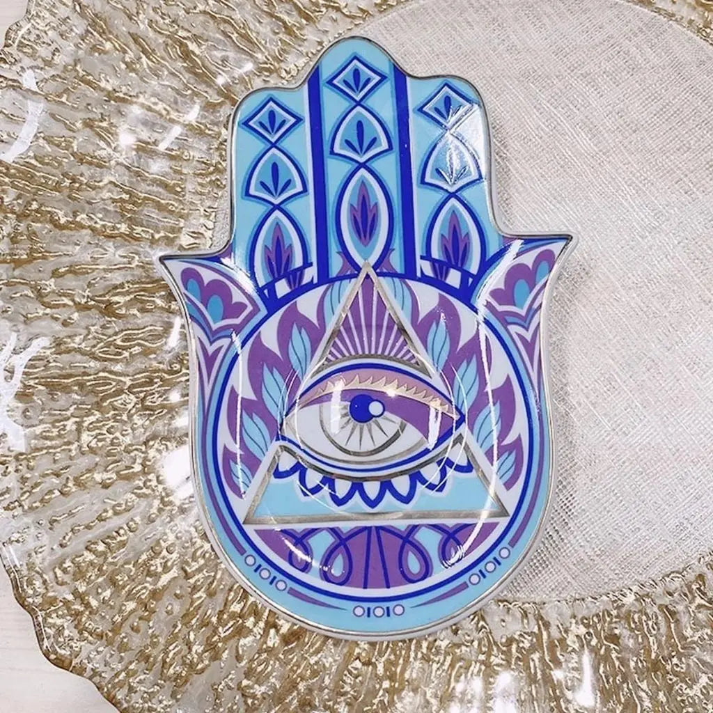 Mosaic hamsa ceramic jewelry holder with raised edges and colorful bohemian design for dresser organization