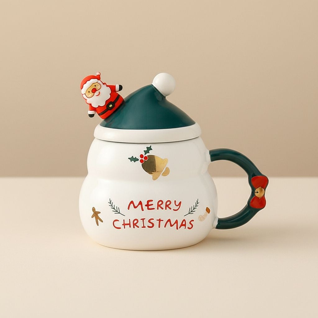 Ceramic mug with festive text and Santa figurine on lid, rounded fit for general use.