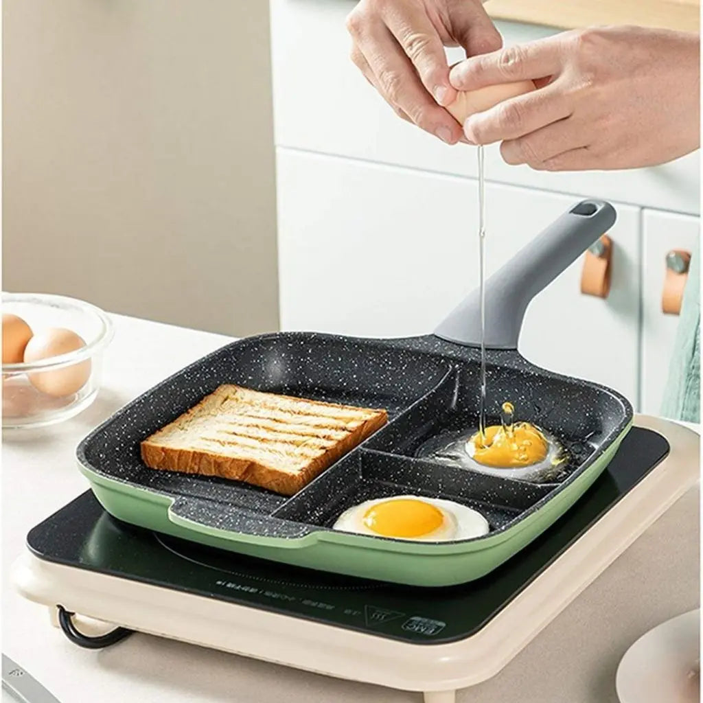 Multi-zone cooking pan enabling simultaneous preparation of eggs, meat and vegetables in separate compartments
