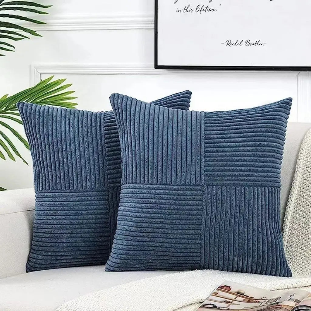 Textured corduroy pillow cover with modern patchwork design creating elegant decorative cushion appeal